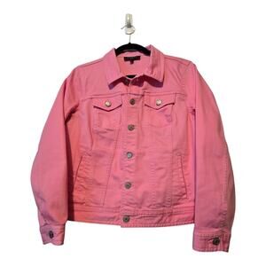 Talbots Denim Trucker Jacket Womens Petite MED Pink Pockets Classic Stretch